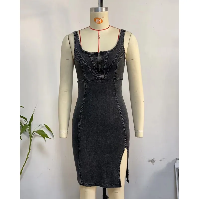 Vintage Style Slim Fit Wrap Hip Denim Dress Summer Sleeveless Zip U Collar Bodycon High Slit Hem Midi Dresses For Women Vestidos