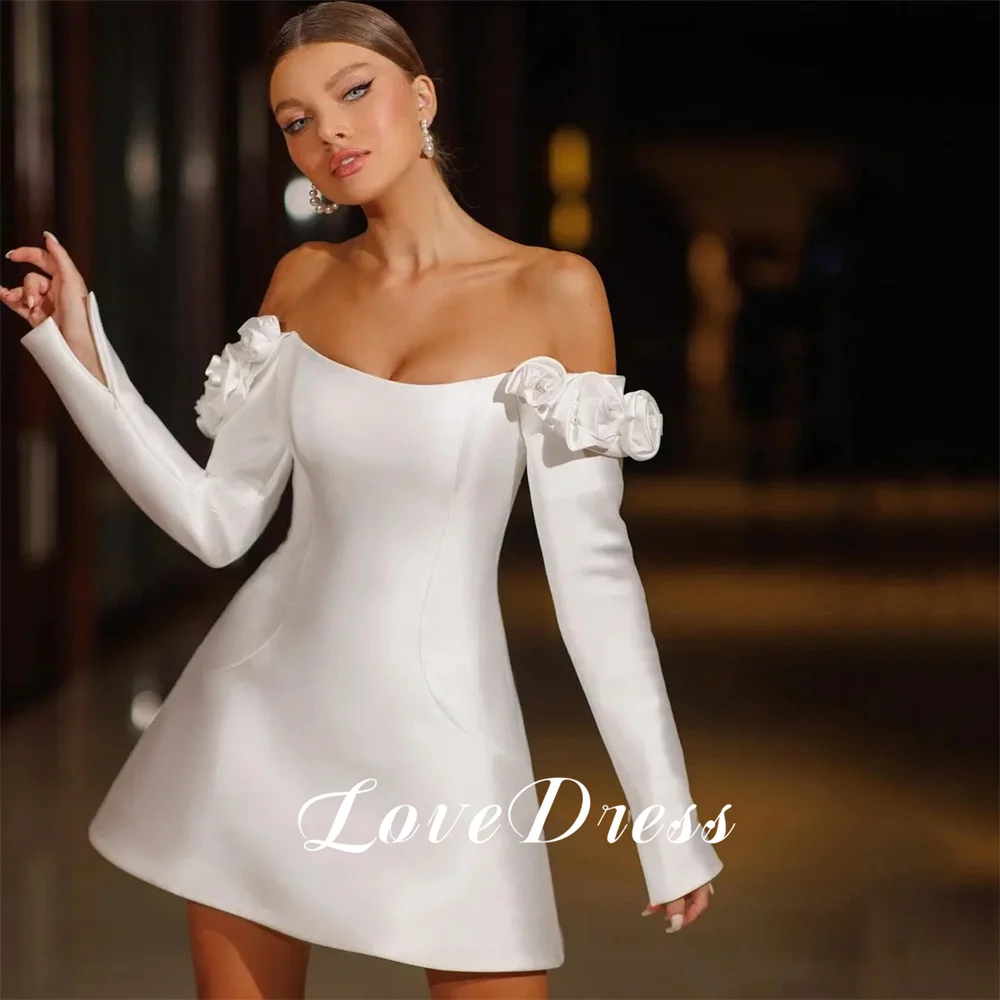 

Love Short Stain 3D Flower Off The Shoulder Long Sleeve Wedding Dress A-Line Sexy Above Knee Lace Up Bride Gown Customized