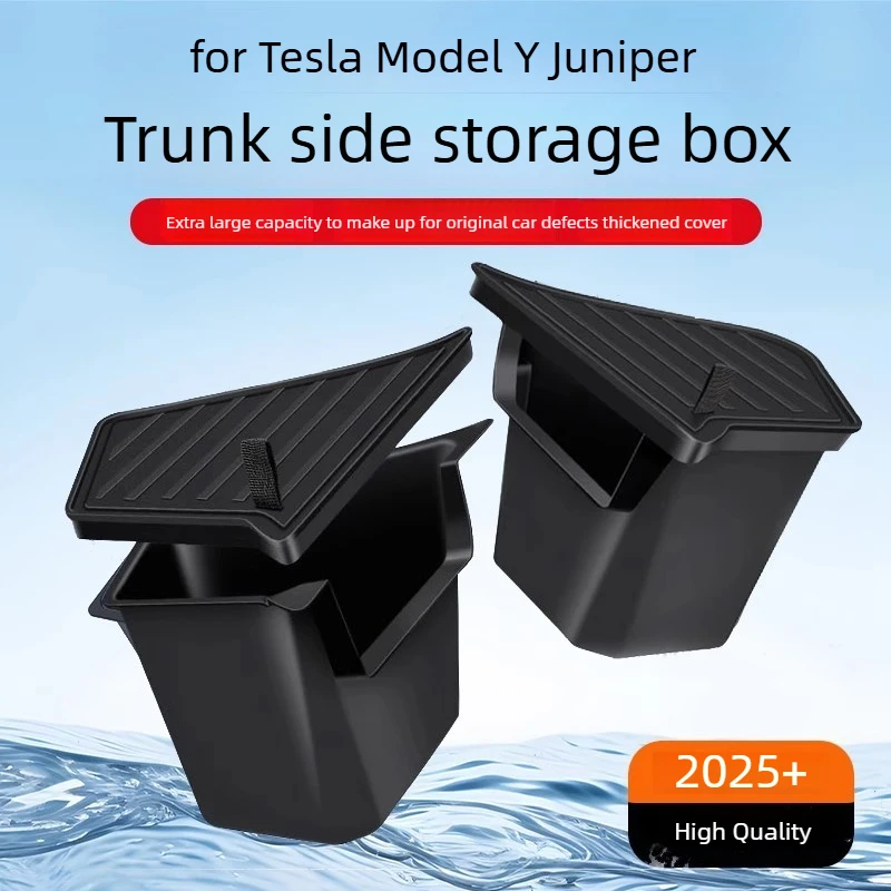 For Tesla Model Y Juniper 2025 2026 Rear Trunk Side Storage Box Cargo Organizer TPE Bin Flocking Mat Partition Board Accessories