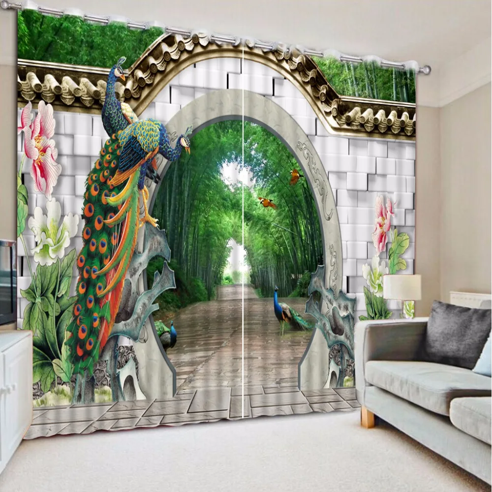 3D Curtain Photo Custom Size Bamboo Garden Wall Peacock Curtains For Bedroom Curtains For Living Room Decorative Curtain