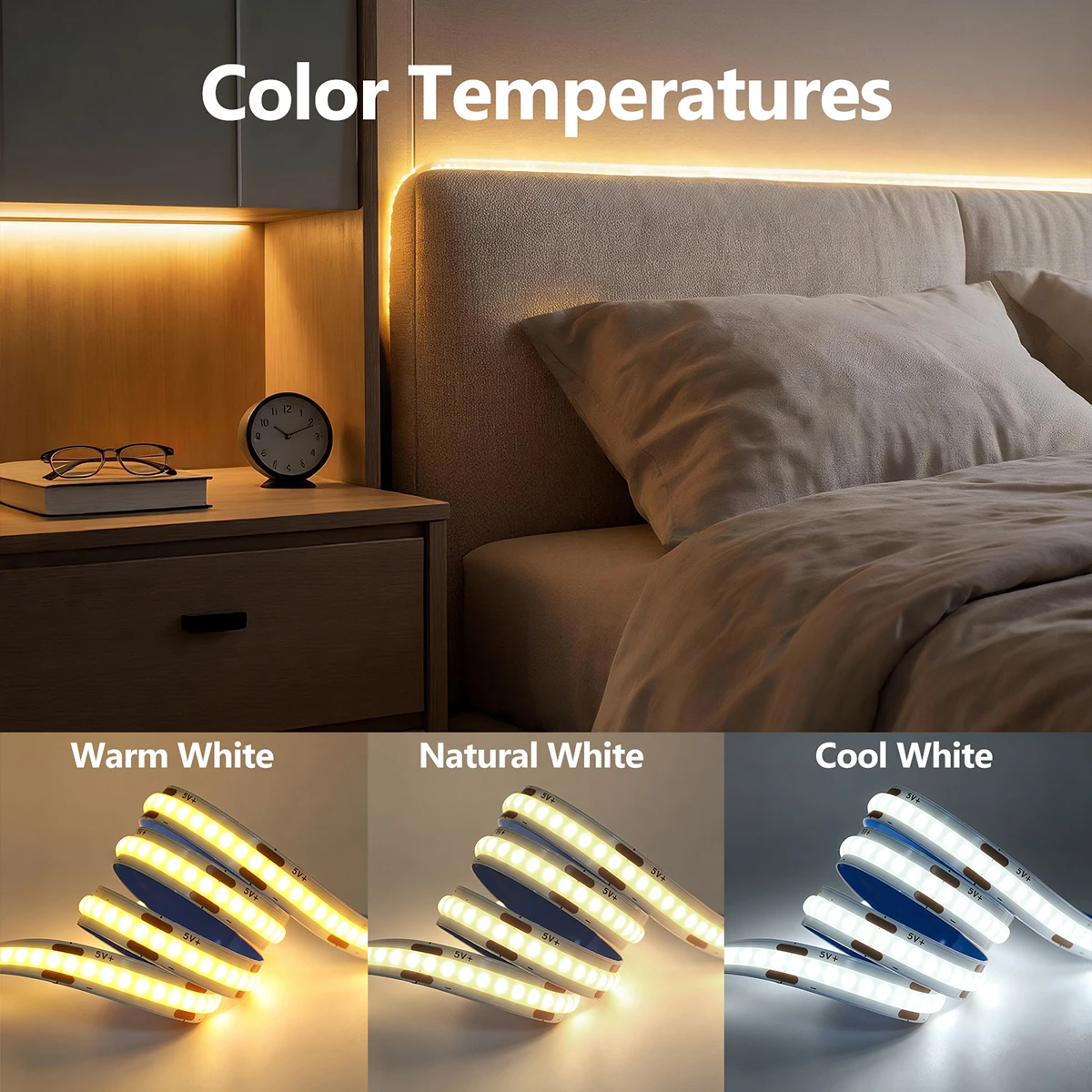 5V COB LED Strip Light 5mm/8mm PCB With 3AA Battery Box 320LEDs White Warm Red Blue Flex Bright Home Cabinet TV Background Decor view 6