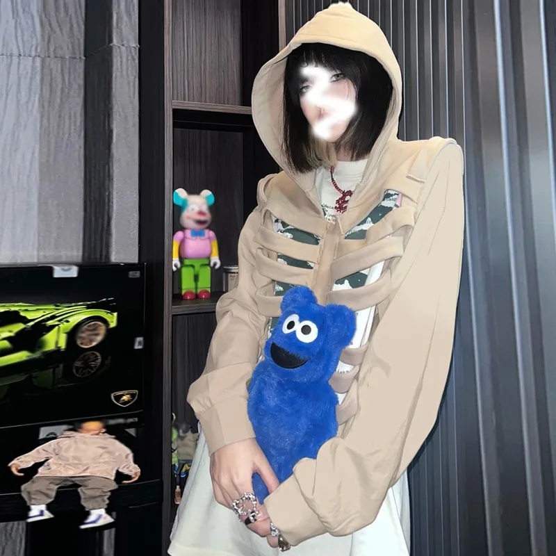 Halloween Solid Skeleton Hollow Out Hooded Sweatshirts Women Long Sleeve Loose Casual Pullovers Hoodies Harajuku Streetwear Tops