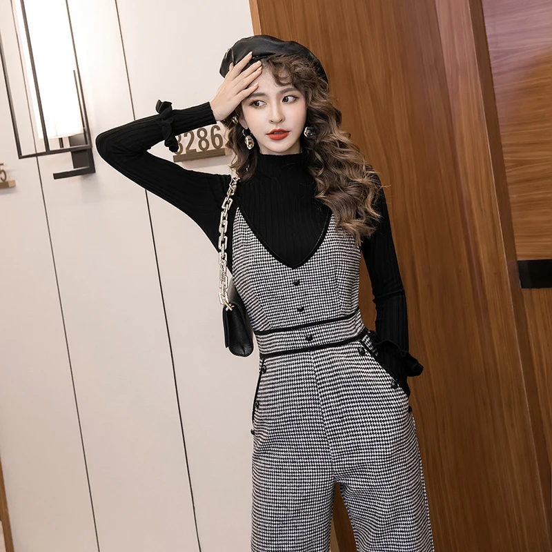 Chic Koreaanse Houndstooth Jumpsuit Vrouwen Lente Herfst Hoge Taille Office Lady Jumpsuits Combinaison Femme Elegante Overalls