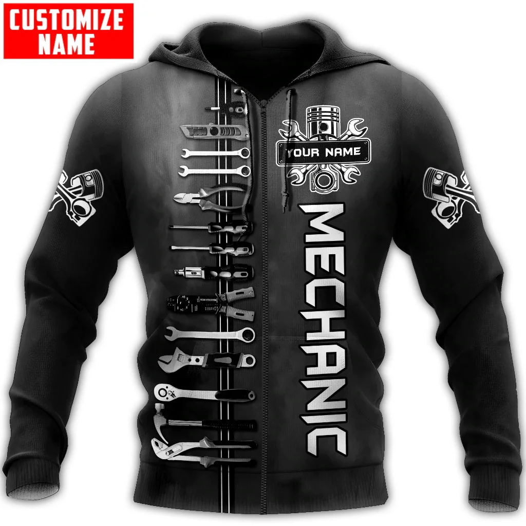 Personalisierter Name Mechanic 3D All Over Bedruckter Herren Hoodie Unisex Kapuzenpullover Streetwear Casual Reißverschluss Hoodies DK493