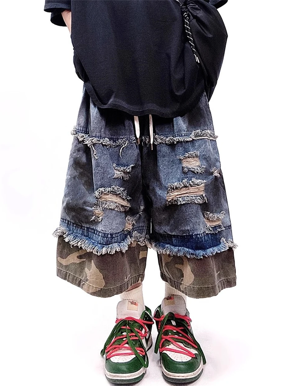 Camouflage Splicing Denim Shorts Mens Streetwear Hip Hop Ripped Hole Knee Length Pants Harajuku Vintage Baggy Casual Short Male