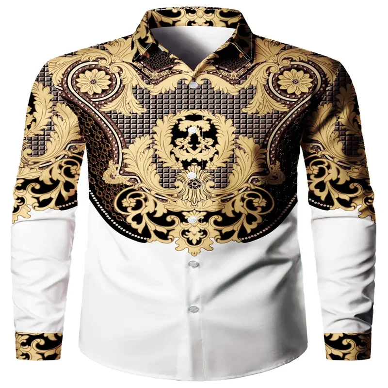 2025 Men's Gold Flower Long Sleeve Shirt Polyester Fiber Comfortable Light Luxury Fashion Top