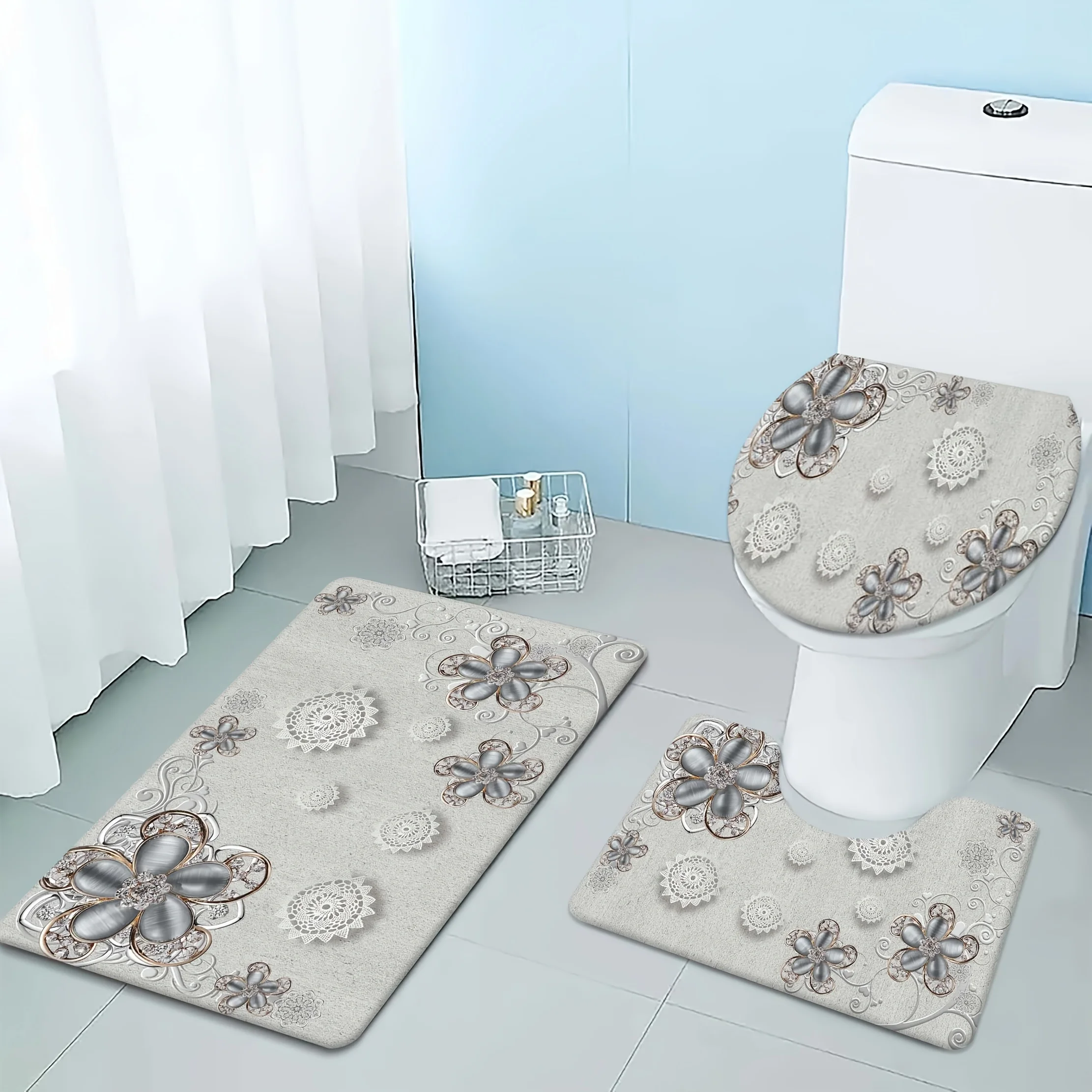 

3-Piece Floral Bath Mat Set - Soft Flannel Non-Slip Bath Mat, Toilet Seat Cover and Contour Mat, Lightweight and Absorbent
