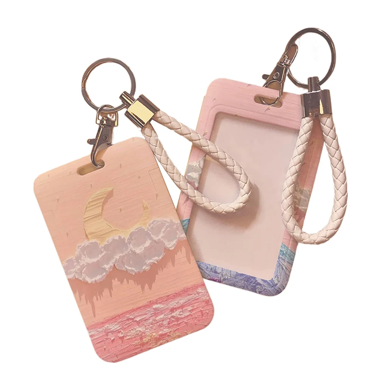 Cute Oil Painting Sunset Flowers Credit Card Holder With Keyring Cartoon Bank ID Bus Card Cover Badge Business Card Case