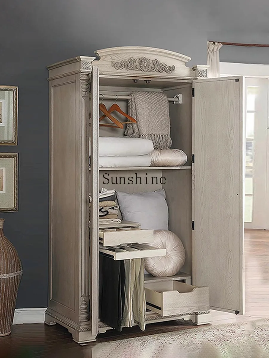 European retro carved double three-door wardrobe large-capacity storage cabinet