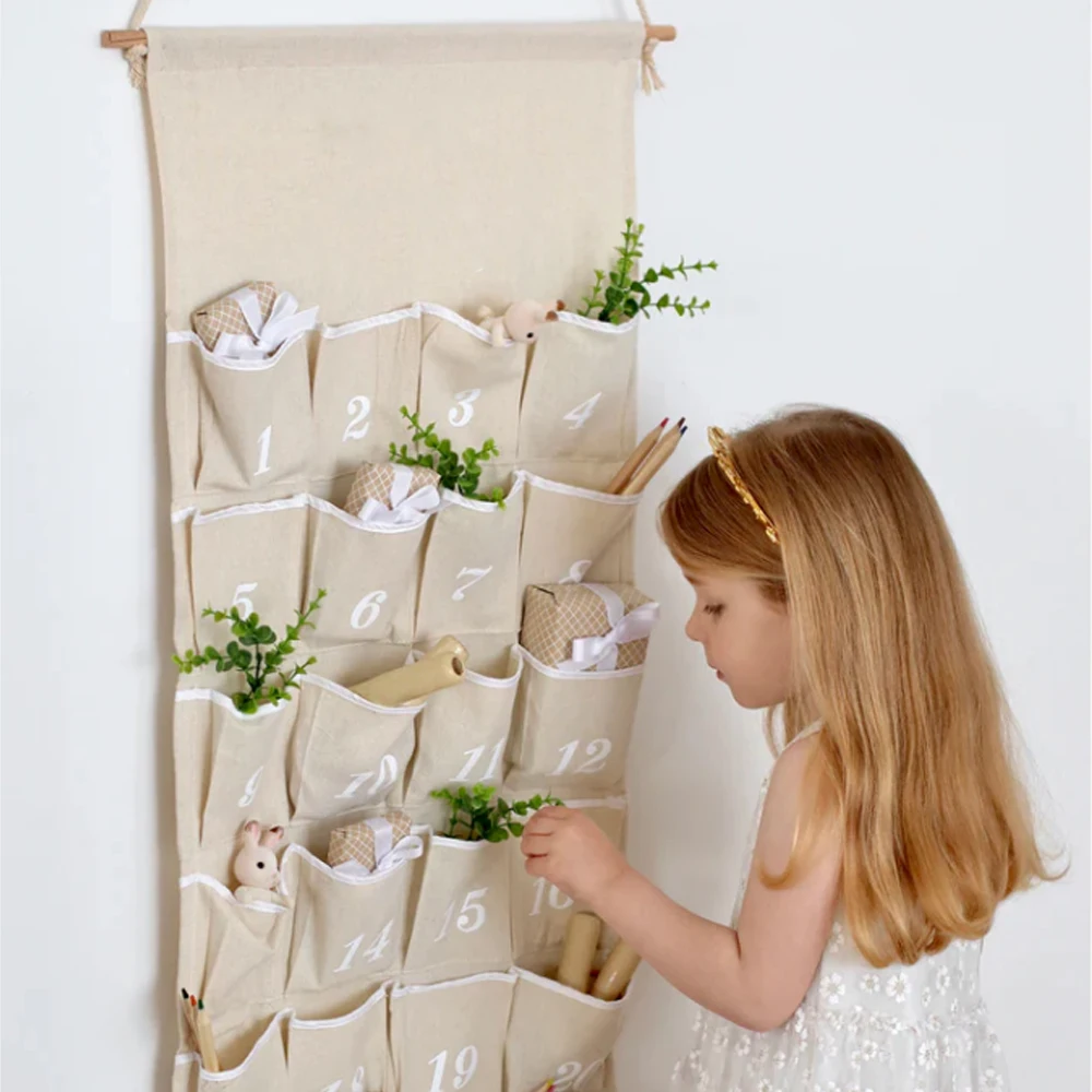 Christmas Advent Calendar Count Down 24 Pockets With Ribbon Trim String And Wooden Rod Screen Printed Number Party Decor