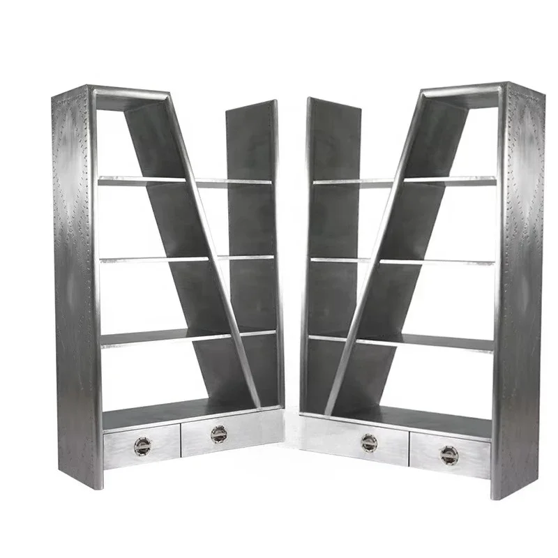 

Industrial Metal Antique Bookcase Aluminum Chrome Bookshelf Home Decoration
