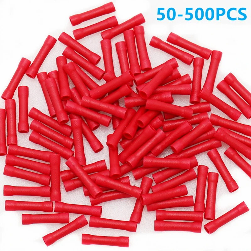 50/100/500pcs Red Butt Connectors Crimp 22-16 AWG Butt Connector Insulated PVC Wire Butt Splice Connectors 22-16 Gauge