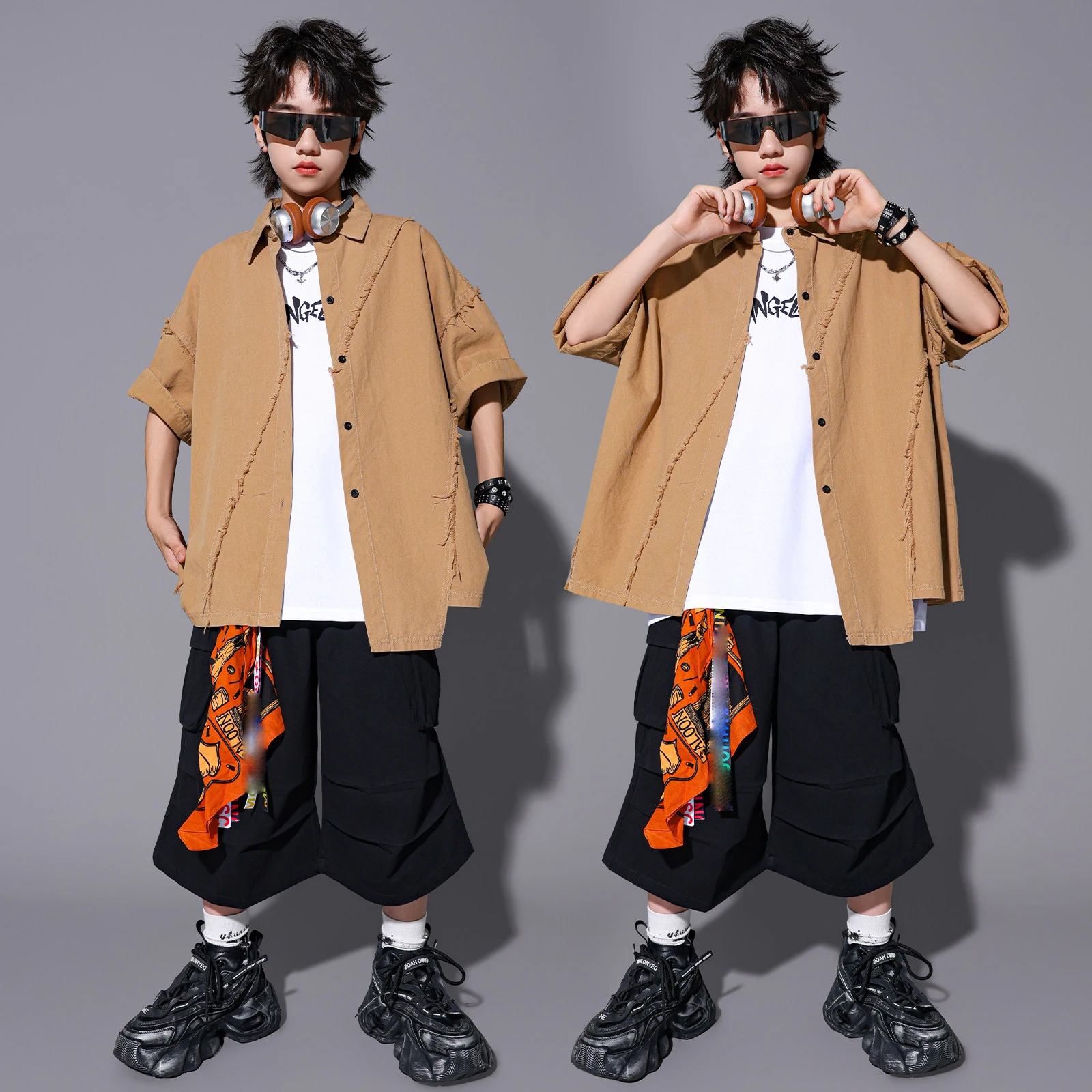 children-hip-hop-dance-costumes-for-kids-khaki-shirts-loose-black-shorts-kpop-outfits-boys-modern-jazz-performance-wear-dqs23694