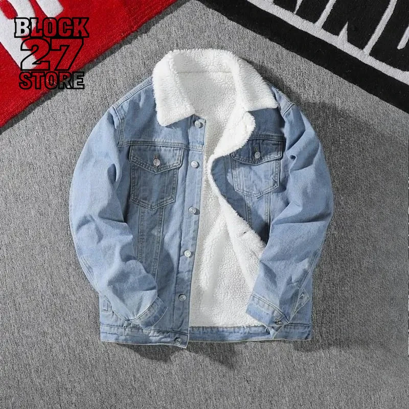 

Mens Denim Jacket Harajuku Autumn Winter Thinned Faux Sheepskin Collar Cotton Coat Loose Fit Warm Korean Streetwear Cool Fashion
