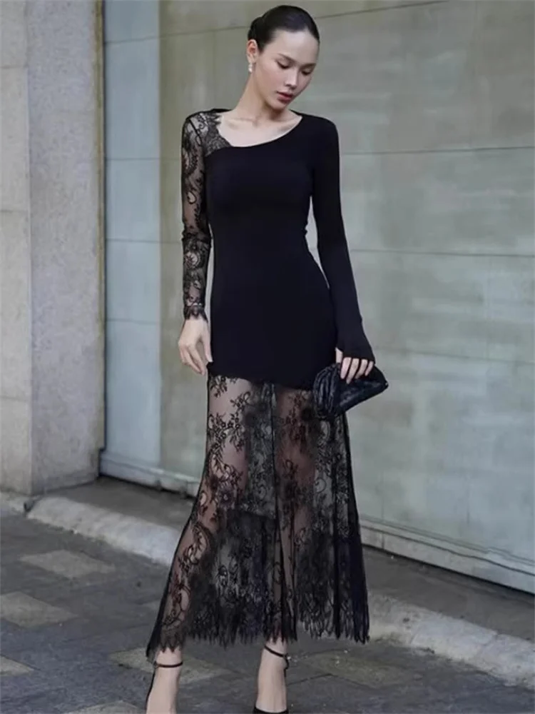 Tossy Black Lace Patchwork Long Dress For Women Printed See-Through Long Sleeve Ruffled Elegant Dress Female Summer Maxi Dress