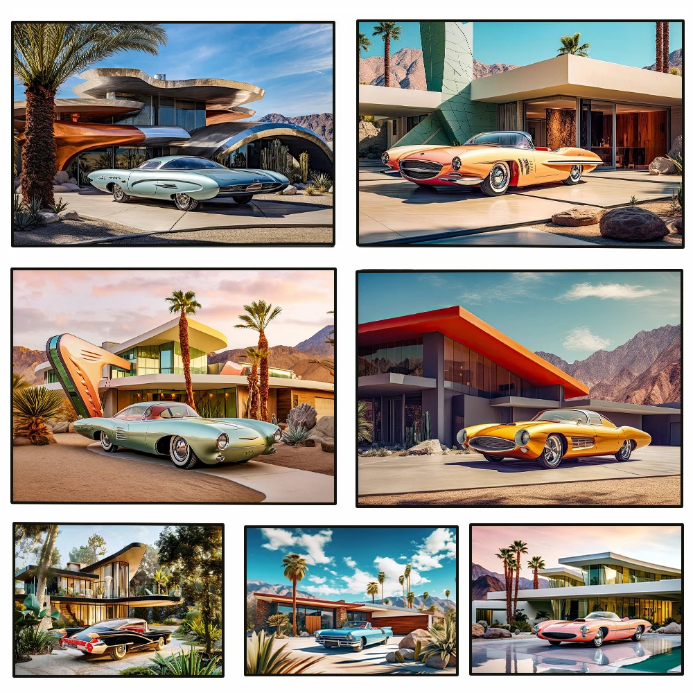 Retro Futuristic Mid Century Sci-fi Fifties Car Poster Palm Springs Space Atomic Age Canvas Painting Wall Art Room Home Decor