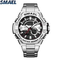 SMAEL 8090 alloy steel strip dual display electronic watch, men's waterproof alarm clock, multifunctional