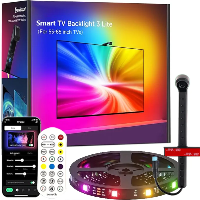 إضاءة خلفية LED للتلفزيون الذكي مع كاميرا لشاشات 55-75 بوصة أضواء شريطية LED RGBIC مزامنة بالشاشة والموسيقى ضوء ديكور غرفة الألعاب