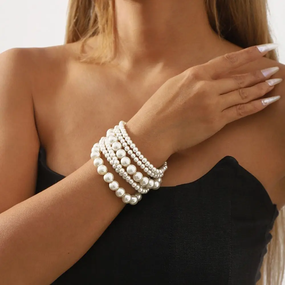 

Sweet Elastic Pearls Bracelet Baroque Multiple Rows Elastic Bracelet Korean Style White Wide Bangle Party