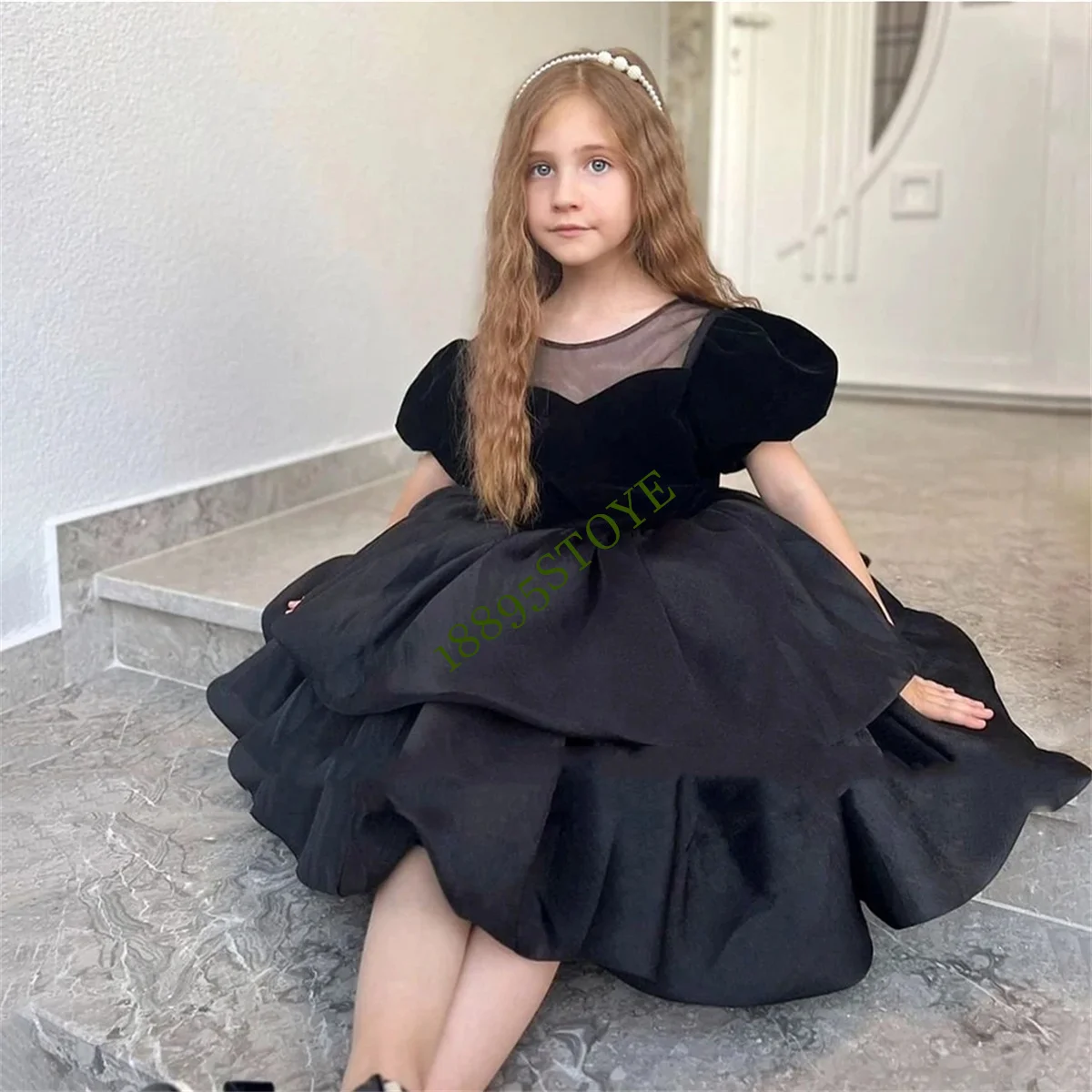 Elegant Black Short Puffy Flower Girl Dresses For Wedding 2023 Princess Birthday Pageant Toddler Kids First Communion Gowns