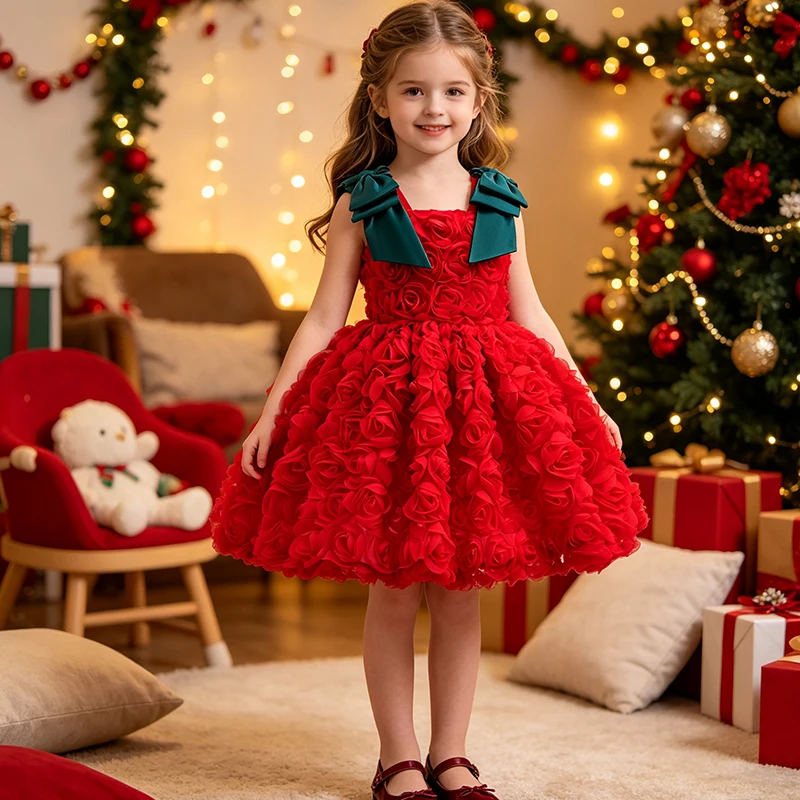 Baby Girl Red Rose Tulle Dress Green Bow Strap Princess Ball Gown Kids Birthday Christmas Pageant Flower Girl Formal Party Dress