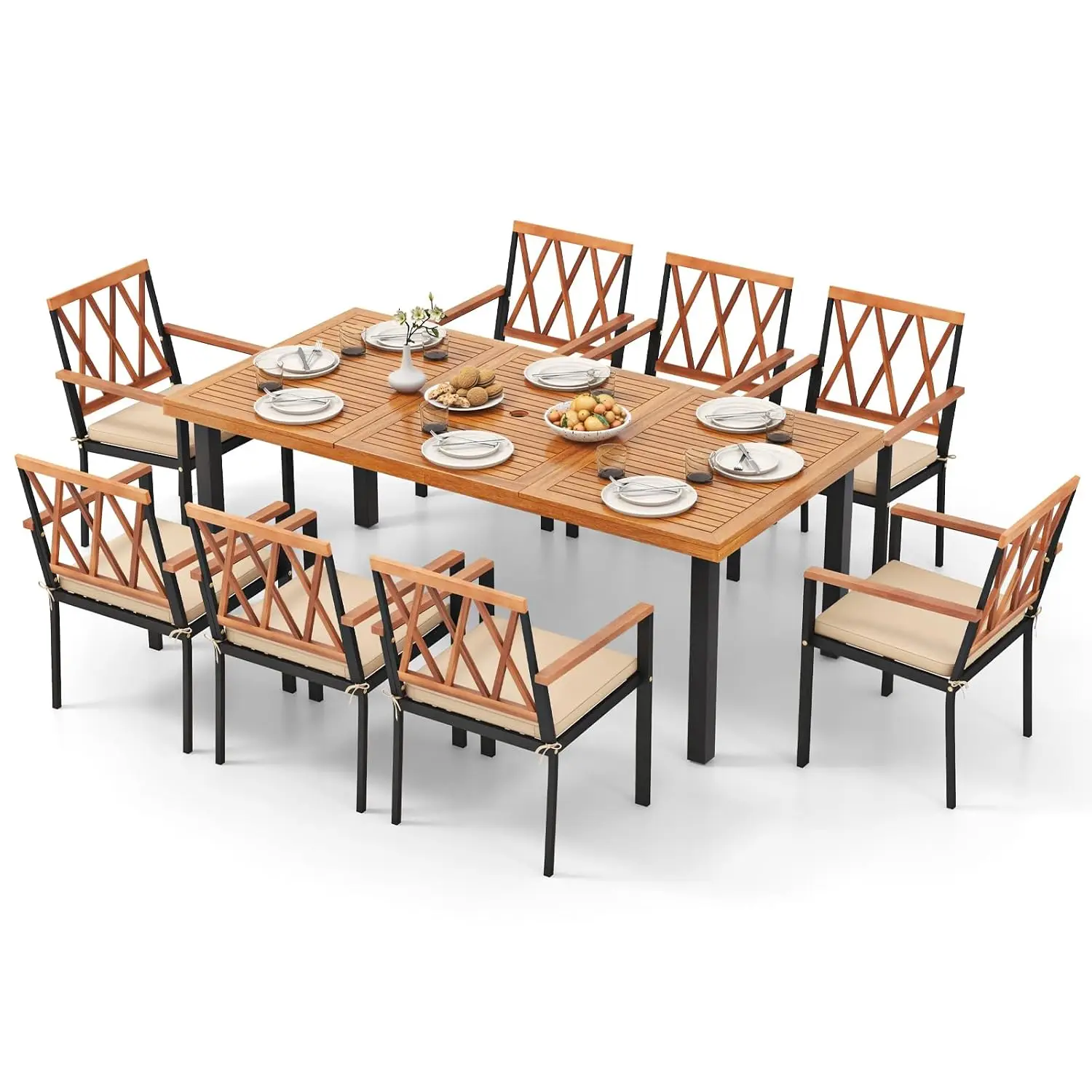 Acacia Wood Patio Dining Set 9 Pieces Table & Chairs with Cushions & Umbrella Hole for Garden Backyard, Customized