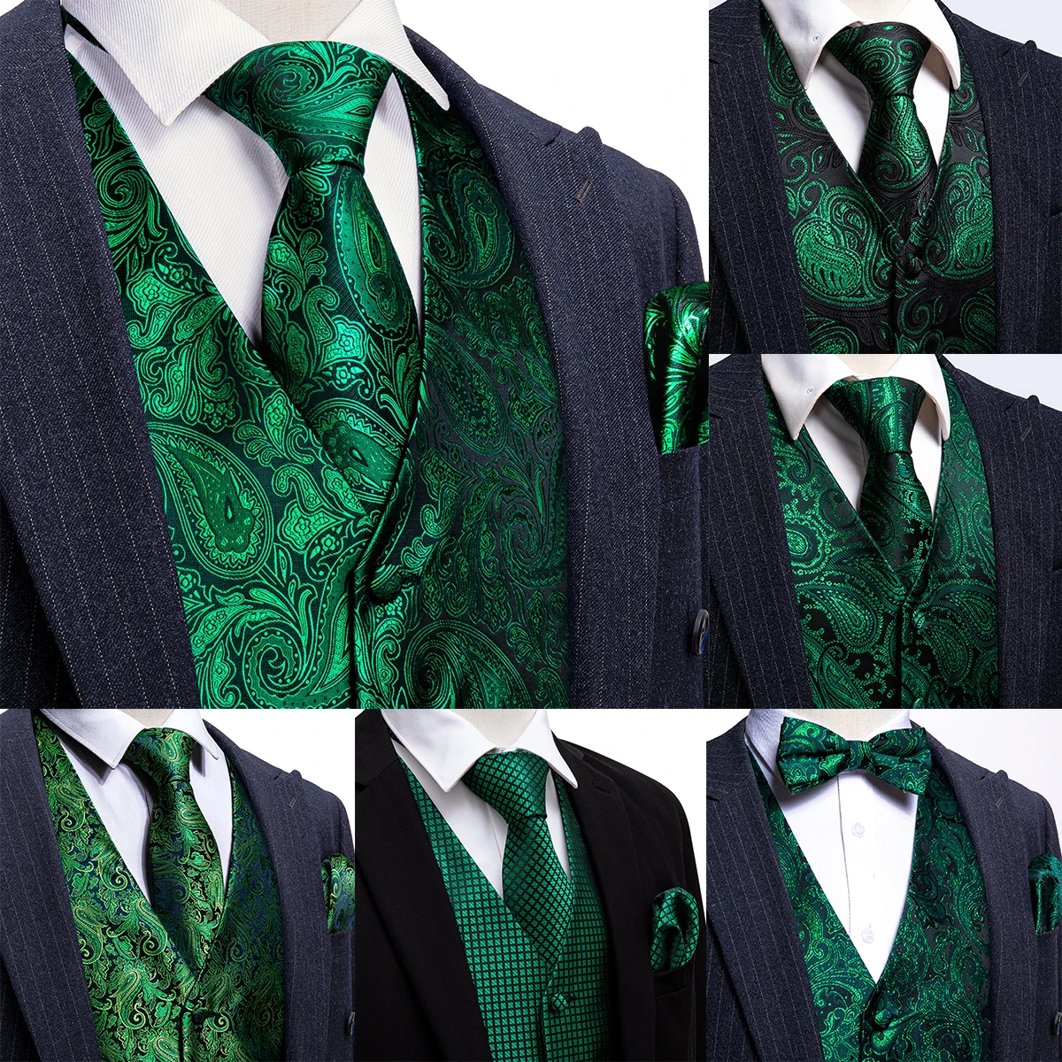 Elegant Men's Vest Silk Green Plaid Paisley Flower Embroidered Waistcoat Tie Set Male Suit Dress Sleeveless Jacket Barry Wang