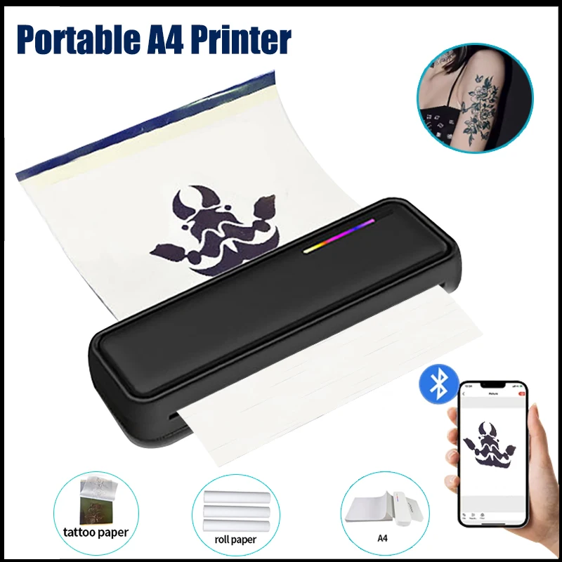 

Mini A4 Tattoo Printer Portable Wireless Bluetooth Inkless Thermal Printing Machine Photo PDF Note Printer Support Android iOS