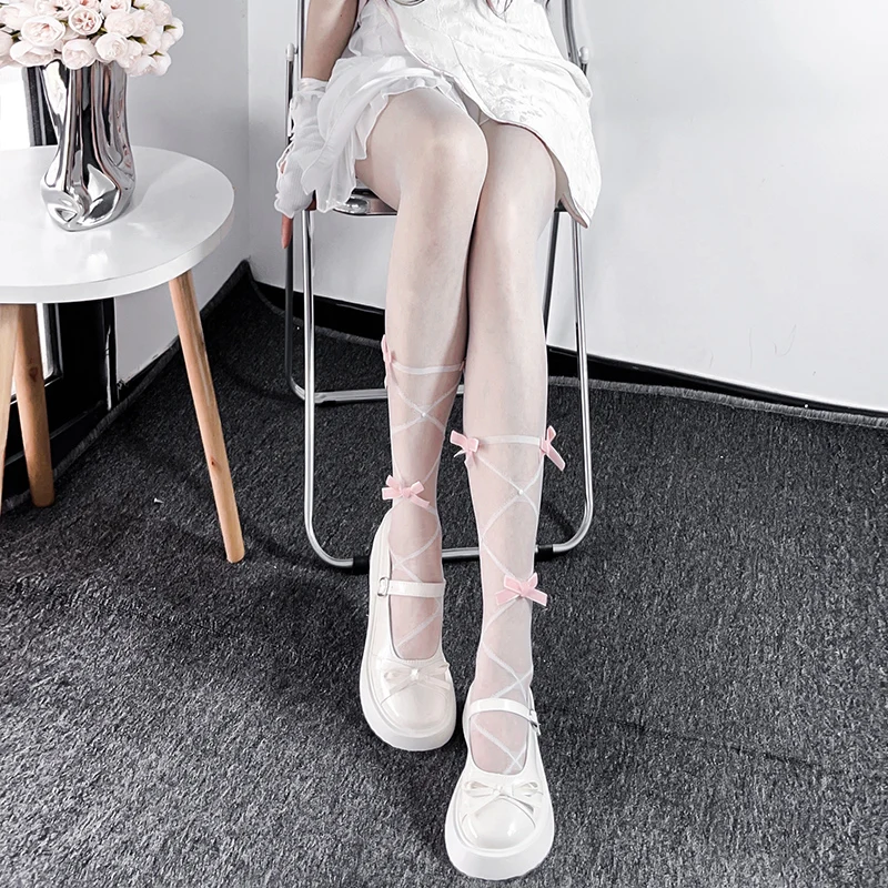 White Stockings With Calf Straps Pearl Bowknot Pantyhose For Women's Lolita Japanese Sweet Girl Summer Thin Style Tights Socks