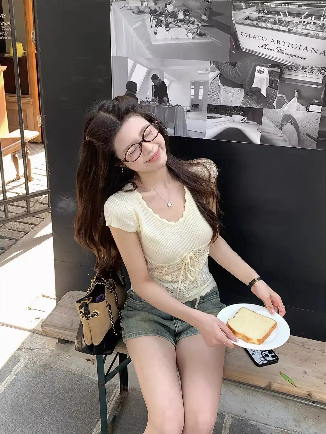 

Korean Style V-Neck Knitted Short Sleeve T-Shirt Women's Summer Slim Fit Hollow out Belted Top Soft Polyester Fiber