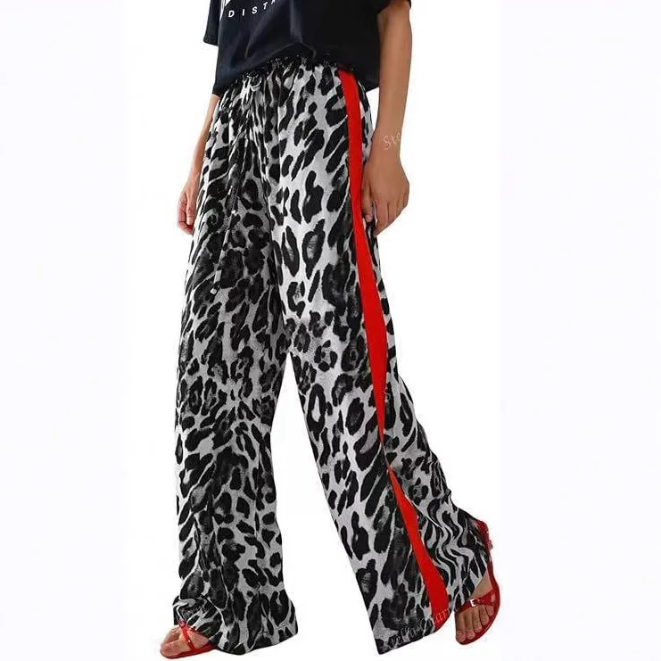 2025 New Casual Women's Trousers Leopard Print Splicing Temperament Loose Europe and The United States