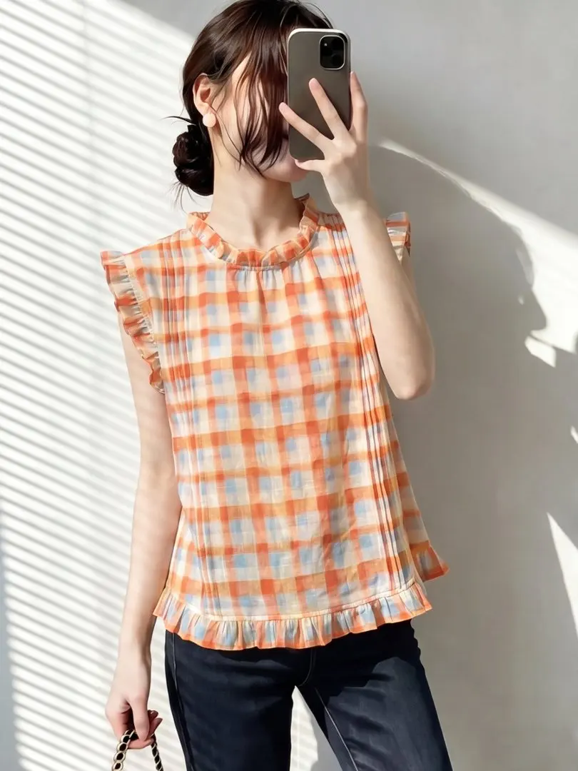 

Dopamine Plaid Women's Shirt Summer Art Student Bright Matching Back Button Open Cardigan Pleated Top Ear Mushroom