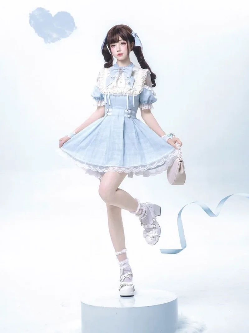 Lolita Dress 2025 New Sky Blue Checkered Landmine Series Japanese Subculture Short Sleeved Dresses Set Summer Y2k Women Clothing