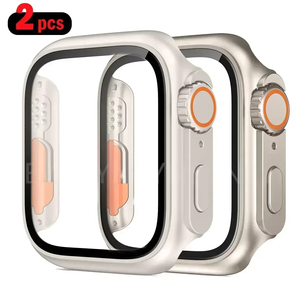 2PCS Tempered Glass+Cover For Apple Watch case 44mm 45mm Bumper Screen Protector Change to Ultra IWatch Series 9 8 7 SE 6 5 4 view 2