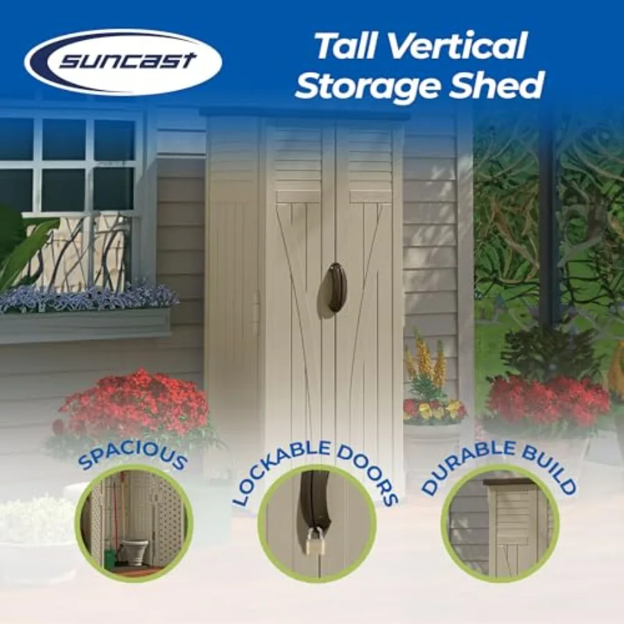 Vertical Shed for Outdoor Storage, Multi-Wall Resin, Sand Mustang Color, 22 Cu. Ft. Lockable Capacity for Long-Handle Tools, Ga