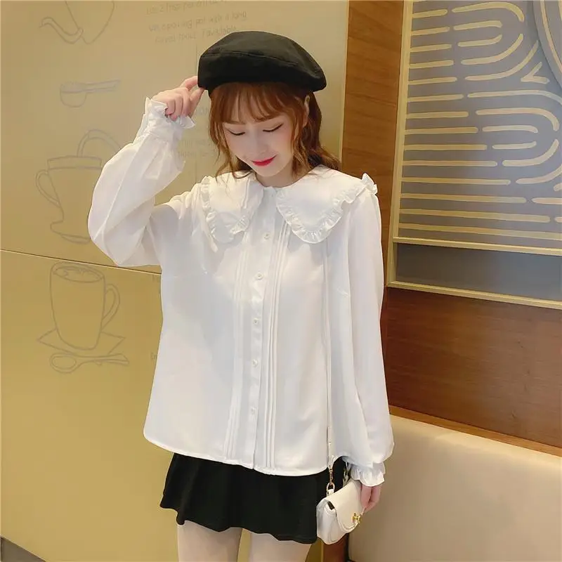 Sweet Fashion Autumn New Women\'s Peter Pan Collar Solid Single Breasted Pleated Korean Preppy Style Long Sleeve Slim Shirt Tops