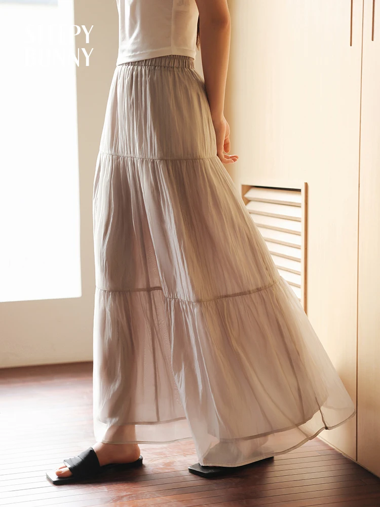 Pleated A-Line Skirt Women Summer High Waist Elastic Waistband Tiered Midi Skirt for Petite Elegant Flowy Slimming Style Skirt