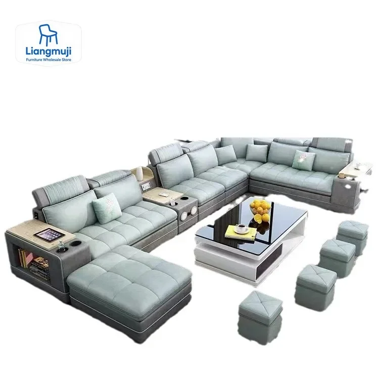 MINGDIBAO Nordic Fabric Sofa Set with Bluetooth Speaker & USB - Modern Living Room Modular Sofas Big U Shape Corner Cloth Couch
