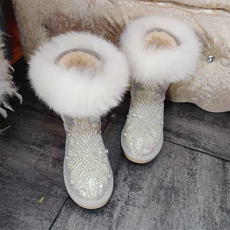 Silver mid-tube natural fox fur luxury rhinodrill fur integrated snow boots warm non-slip large size women's cotton shoes 35-44