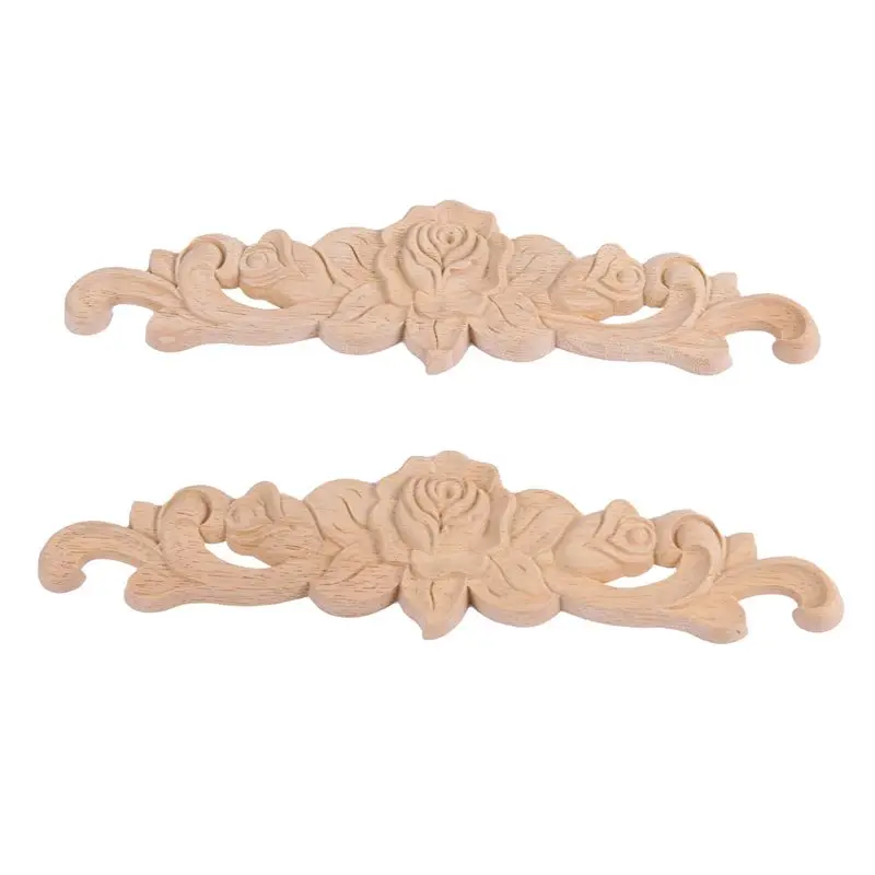 ABKS-12Pcs 20 X 5Cm Rubber Wood Carved Long Onlay Applique Unpainted Rose Flower Door Home Decor European Style