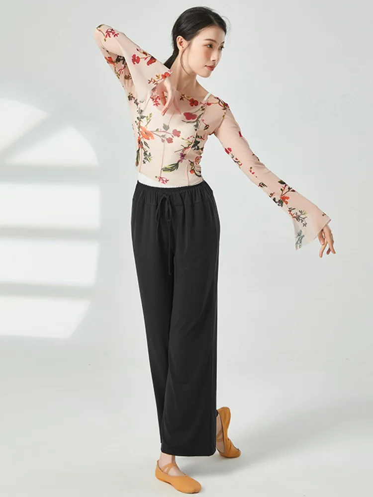 Floral Mesh Long Sleeve Dance Top Women Slim Fit Round Neck Modern Dancewear Stage Performance Costume Ballet Practice Shirt