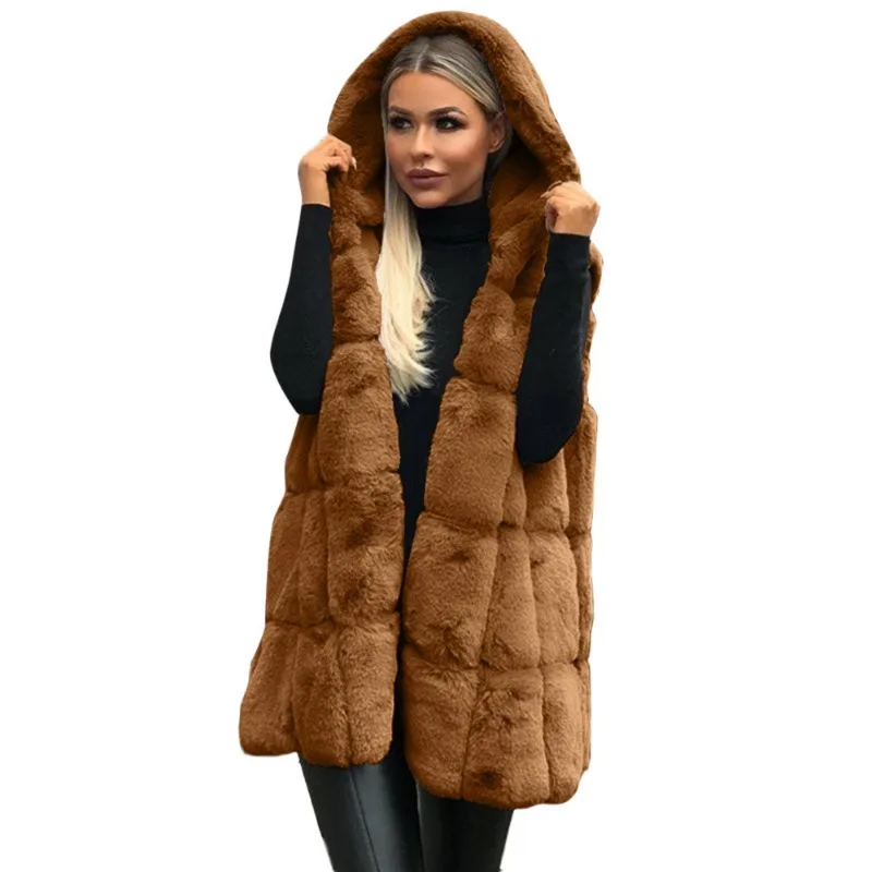 Women Faux Fur Hooded Vest Fall/Winter European and American New Hooded Faux Fur Vest Fashion Long Outerwear Jackets for Women