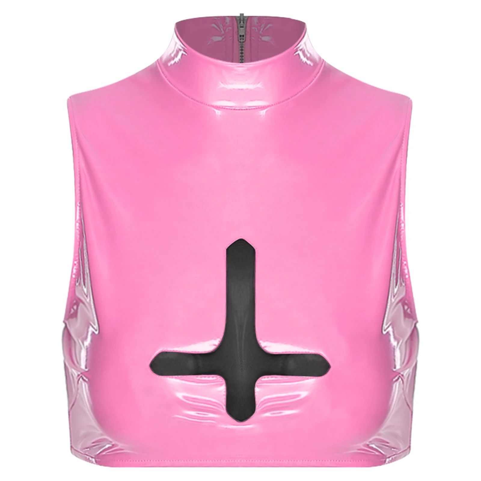 

Women Glossy PU Cropped Top Front Sheer Mesh Cross Patchwork Mock Neck Sleeveless Tank Top for Halloween Naughty Nun Cosplay Top