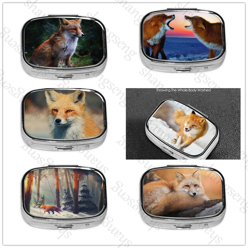 

Pill Box Pocket or Wallet Decorated with Metal Medication Vitamins Travel Fox animal