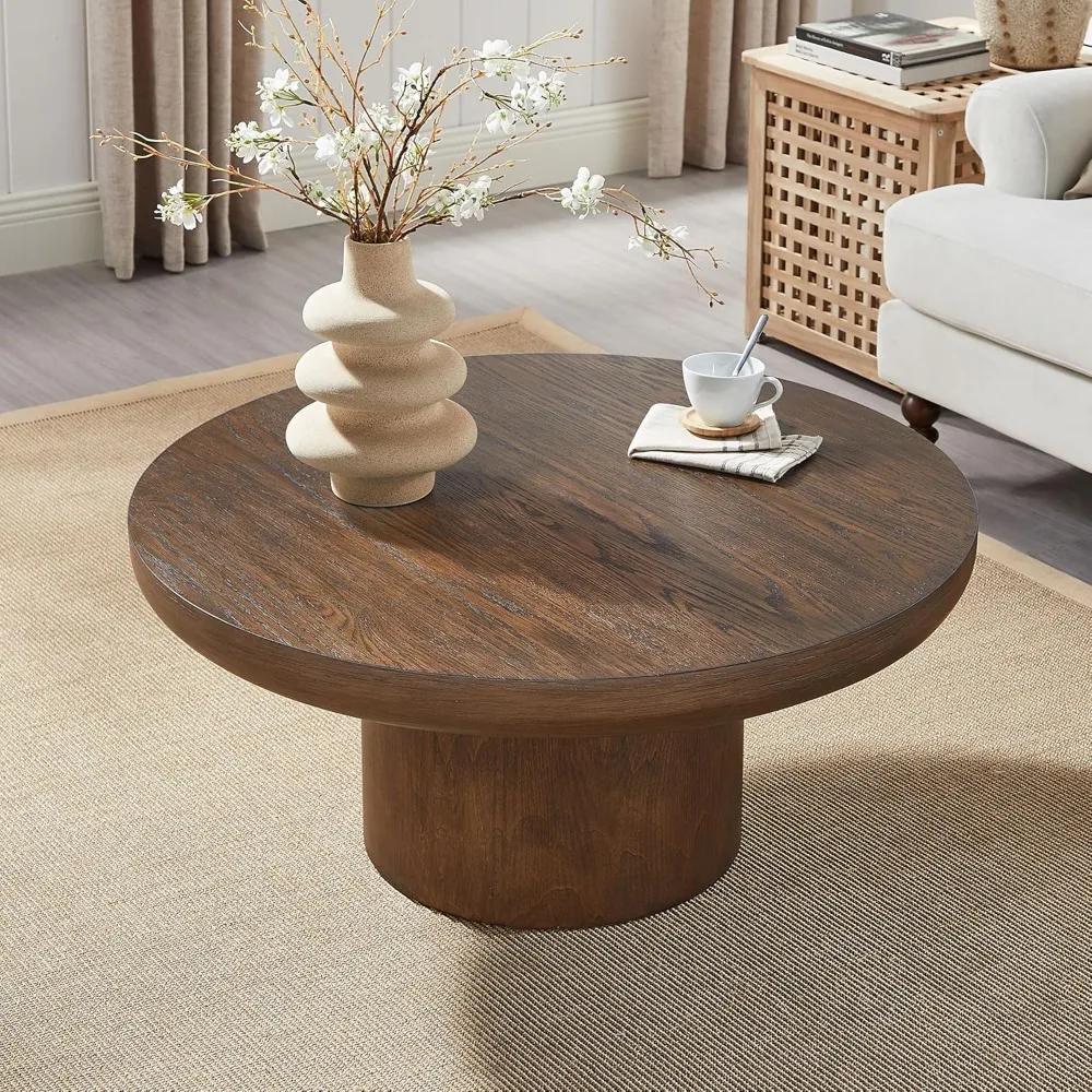 

Round Coffee Table,with Cylindrical Base, Modern Wood Drum Center Tables, Accent Side Table End Tables for Living Room Apartment