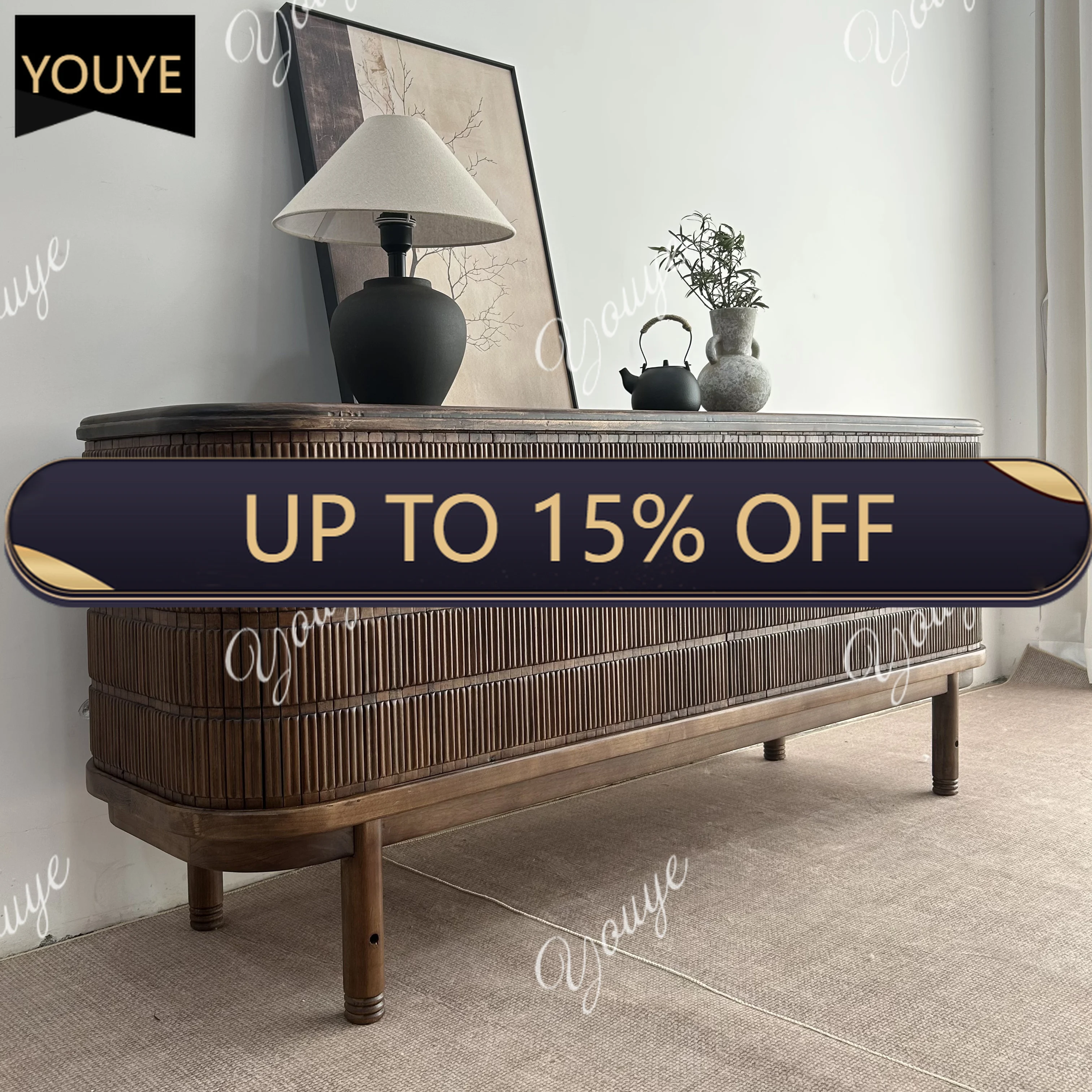 

Q New simple log floor light luxury high-end living room solid wood TV cabinet integrated medieval storage cabinet