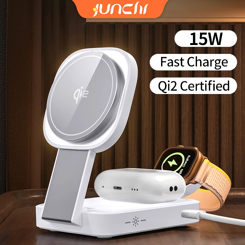

JUNCHI Qi2 15W Magnetic Wireless Charger Stand 3-in-1 Charging Stand For iPhone 15 16 Pro Max/AirPods For MagSafe Fast Charger