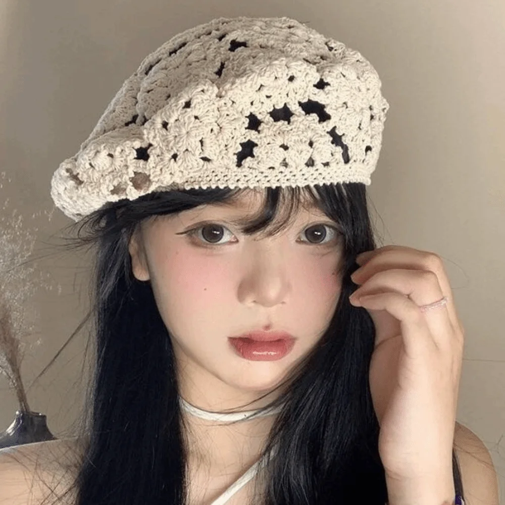 

Fashion Breathable Flower Hat Japanese Style Thin Hollowed Out Beret Headgear All-match Crochet Knitted Cap Holiday