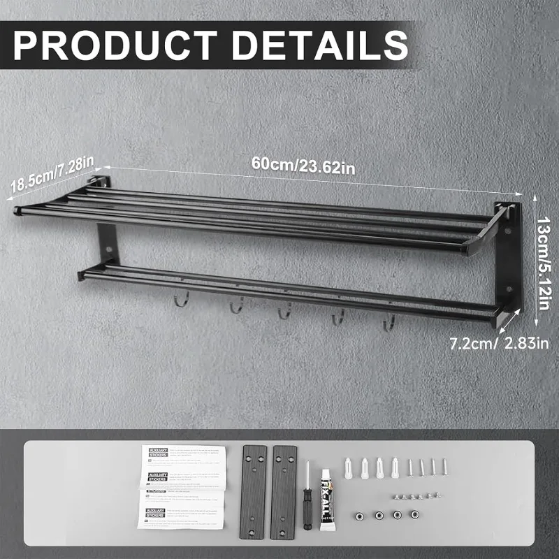 Towel Racks Wall Mounted Foldable Towel Holder 5 Movable Hooks Rustproof Organizer for Bathroom Lavatory Hotel Bath Matte