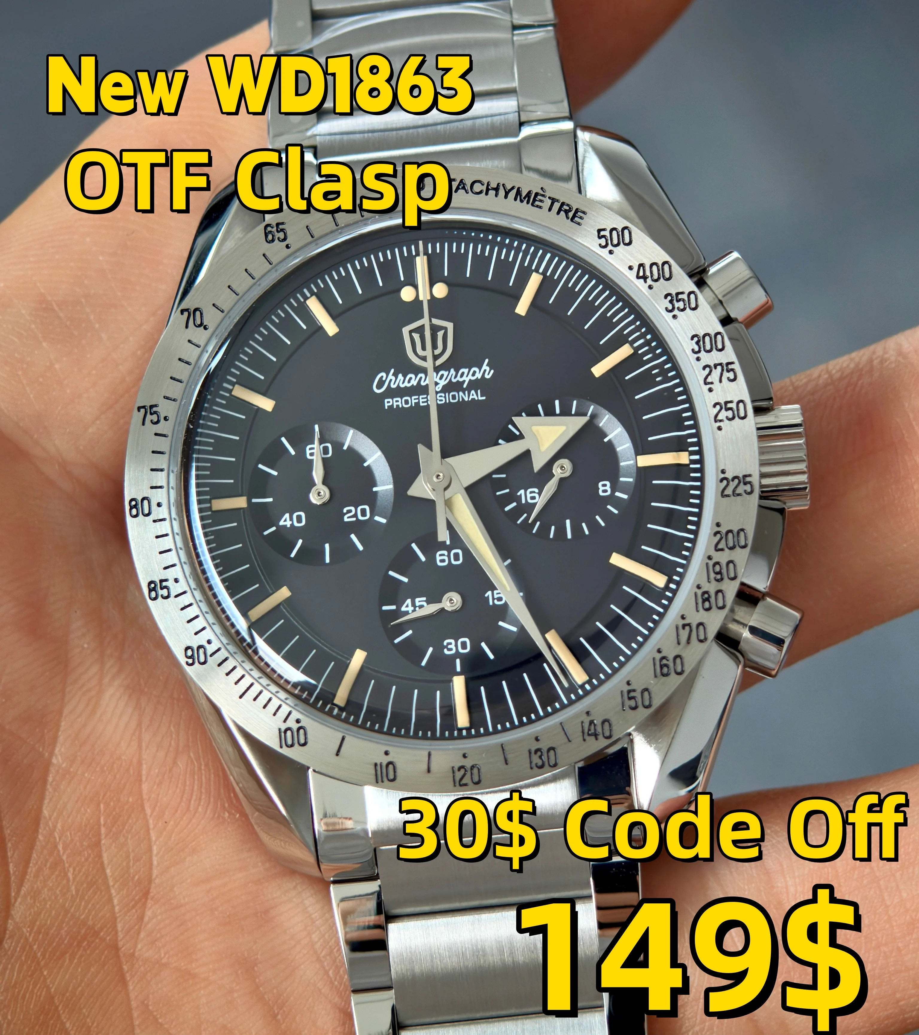 Watchdives WD1863A VK63 Chronograph-Uhr, 100 m wasserdicht, gewölbtes Saphirglas, Armband aus 316L-Stahl, verstellbarer Verschluss.
